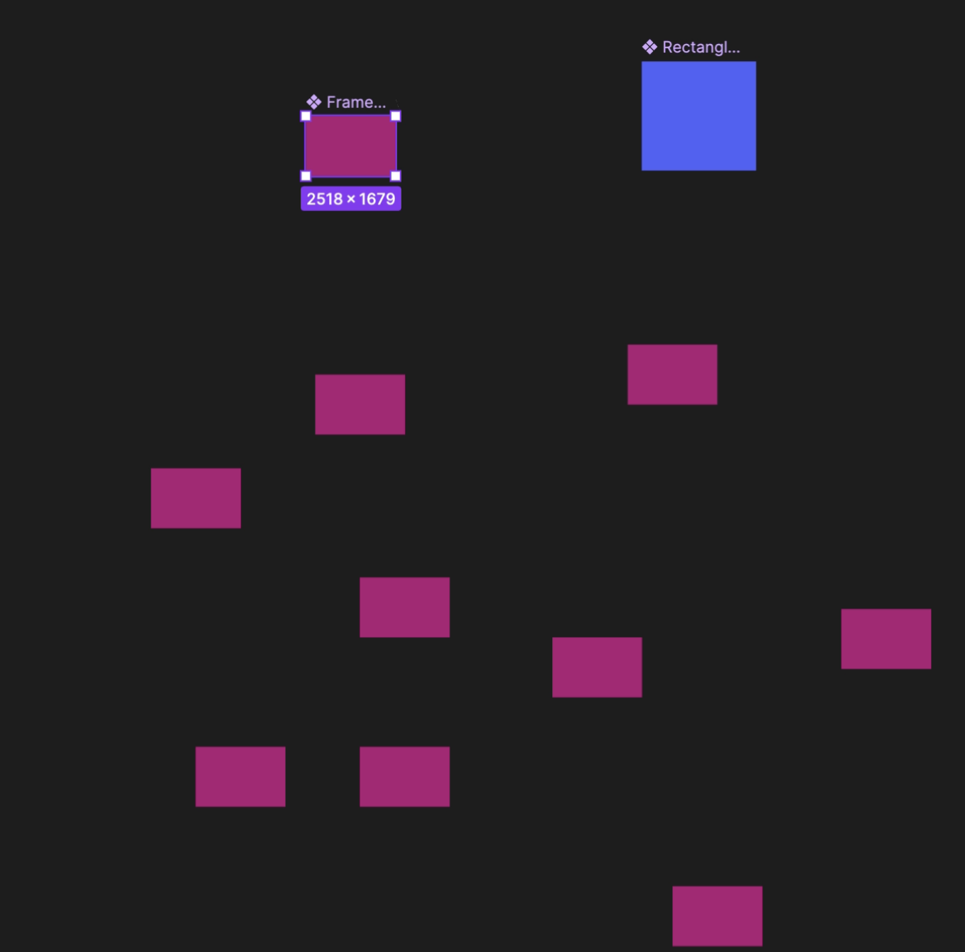 Figma canvas showing all component instances replaced from blue rectangles to pink frames