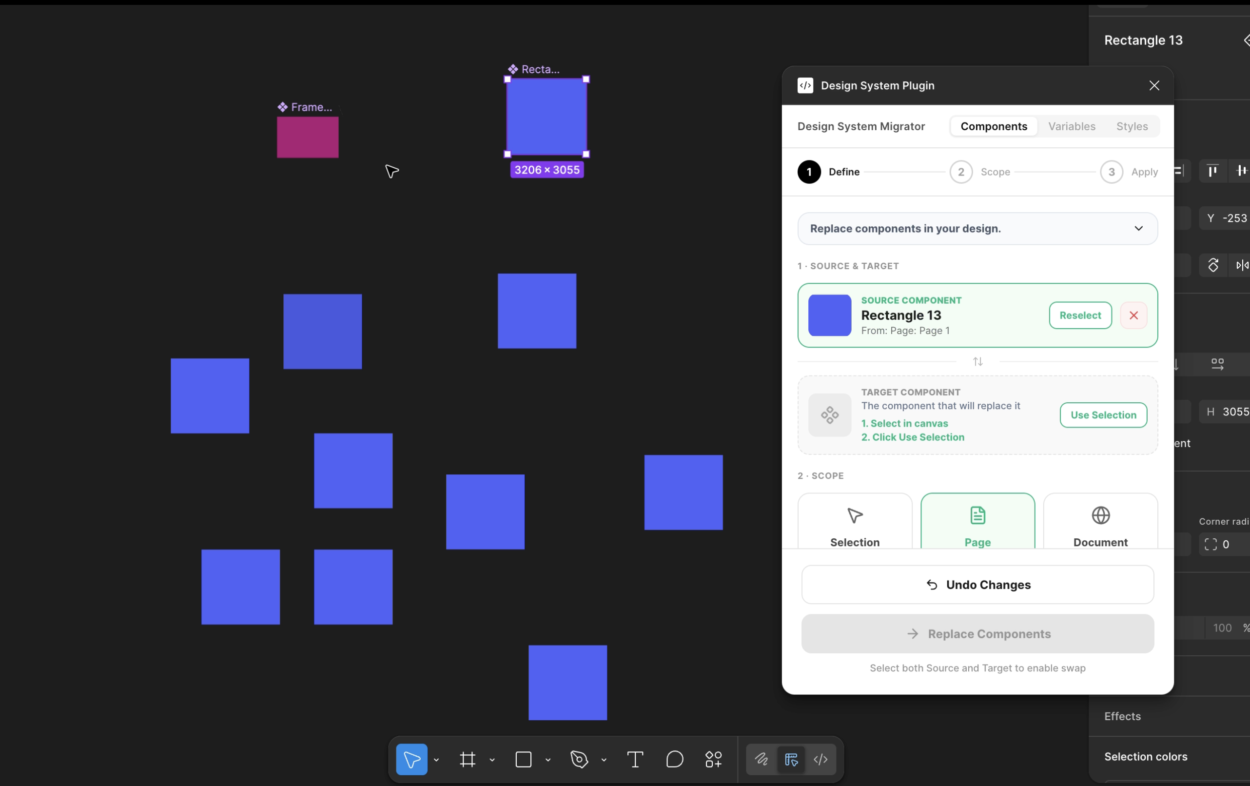 Figma canvas with a component selected and the plugin showing it as the Source Component