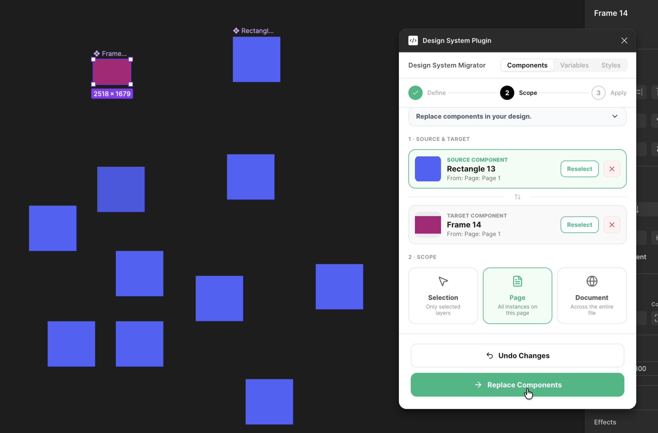 Plugin showing scope options (Selection, Page, Document) with the Replace Components button active