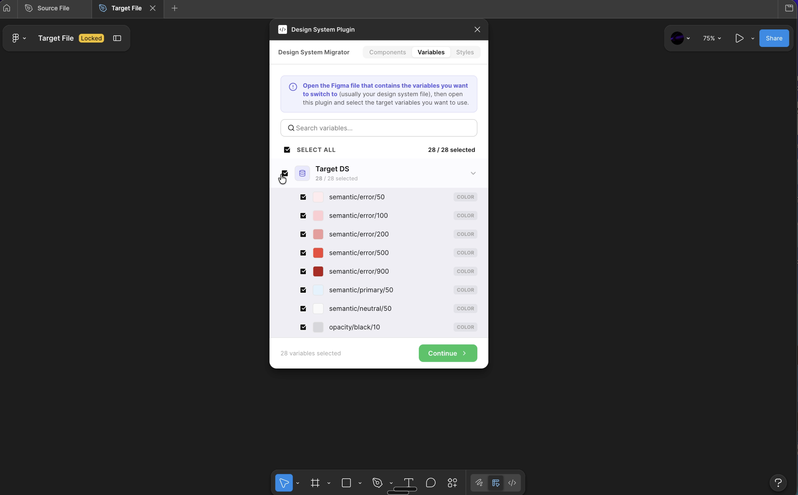 Selecting and registering source variable collections in the plugin panel